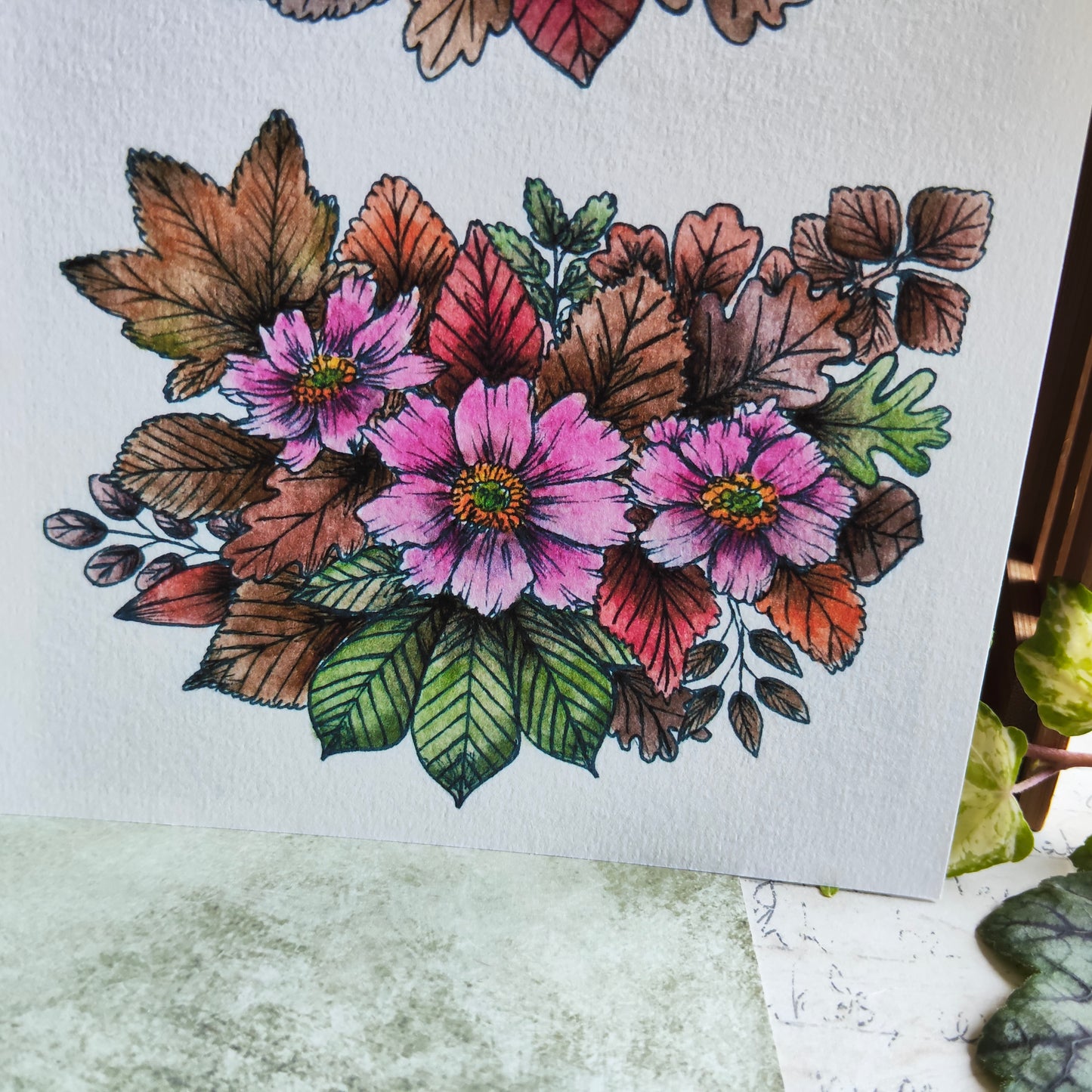 Affiche A5 Anémones & Feuilles d’Automne – Fleurs du Japon