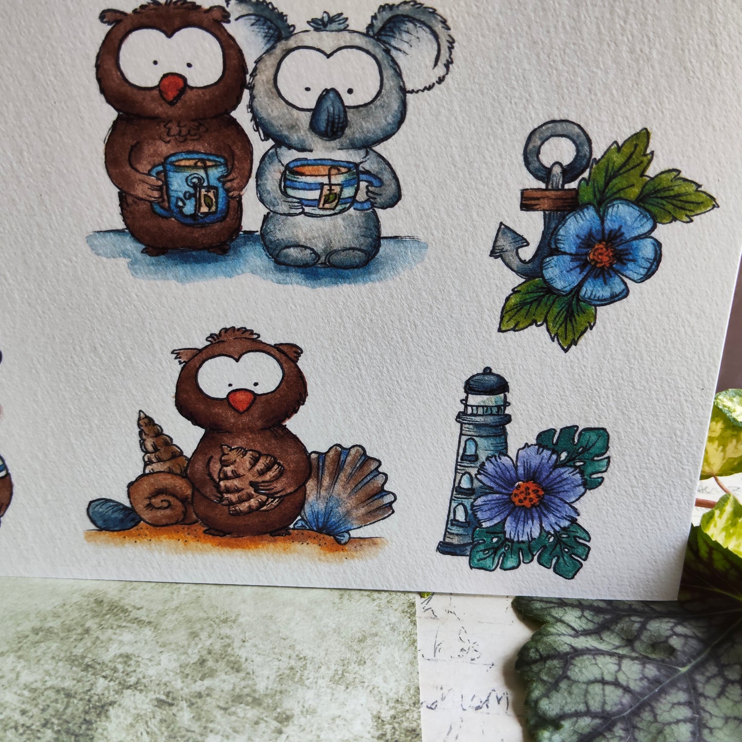 Affiche A5 Animaux Marins Mignons – Hiboux, Koala & Phare