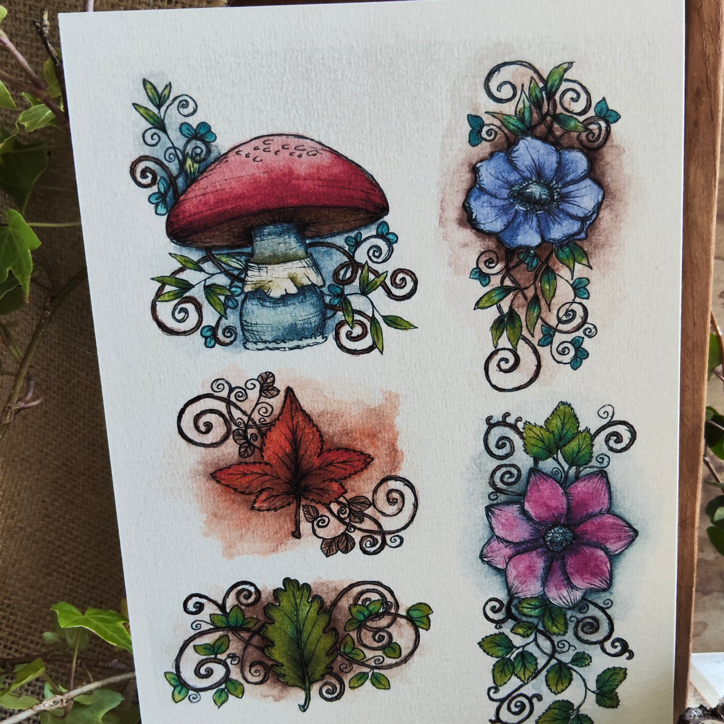 Affiche A5 Champignons et Fleurs Magiques – Illustration Nature Enchantée à l’Aquarelle