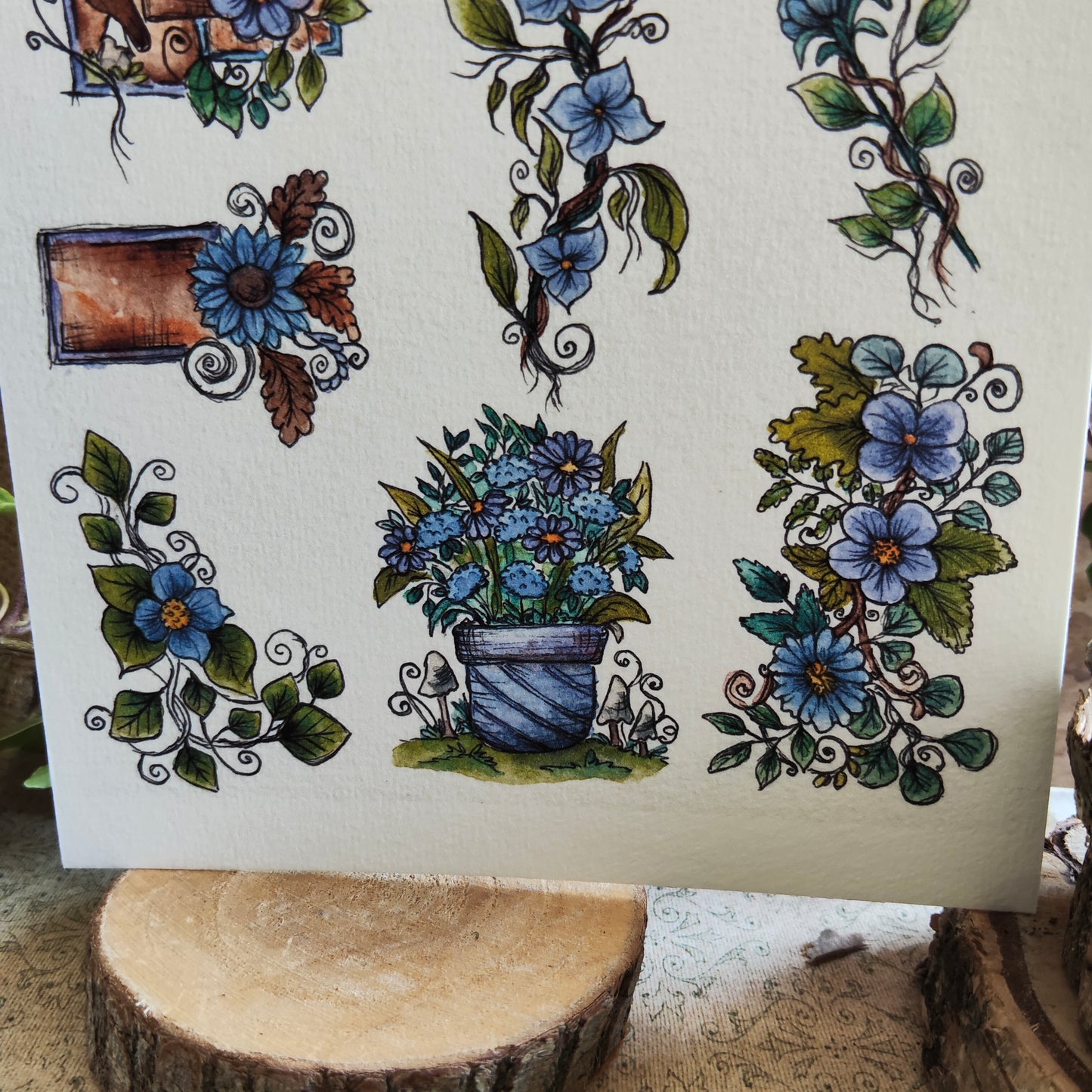 Affiche A5 – Balcons fleuris – Pots de fleurs et ambiance estivale - Combo Bleu