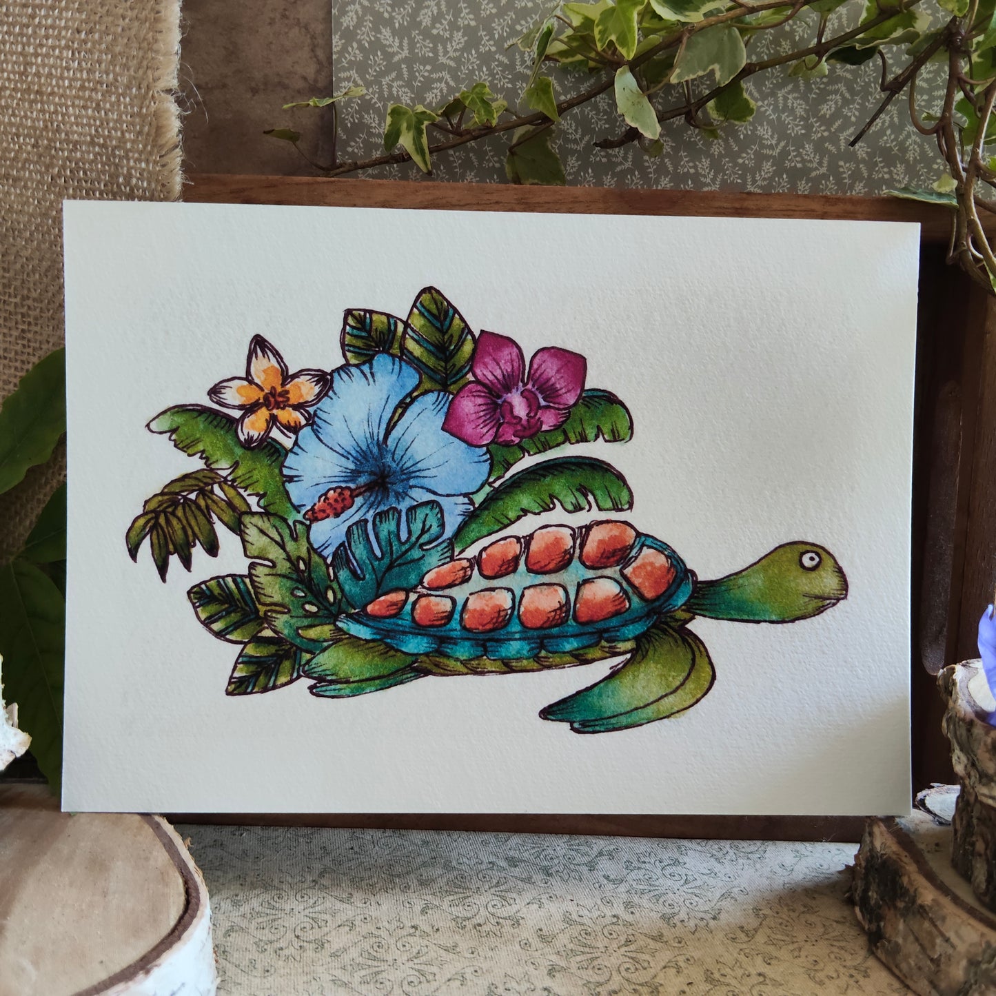 Affiche Aquarelle "Tortue Marine Fleurie Orchidée Monstera" - Illustration Fantaisie et Nature