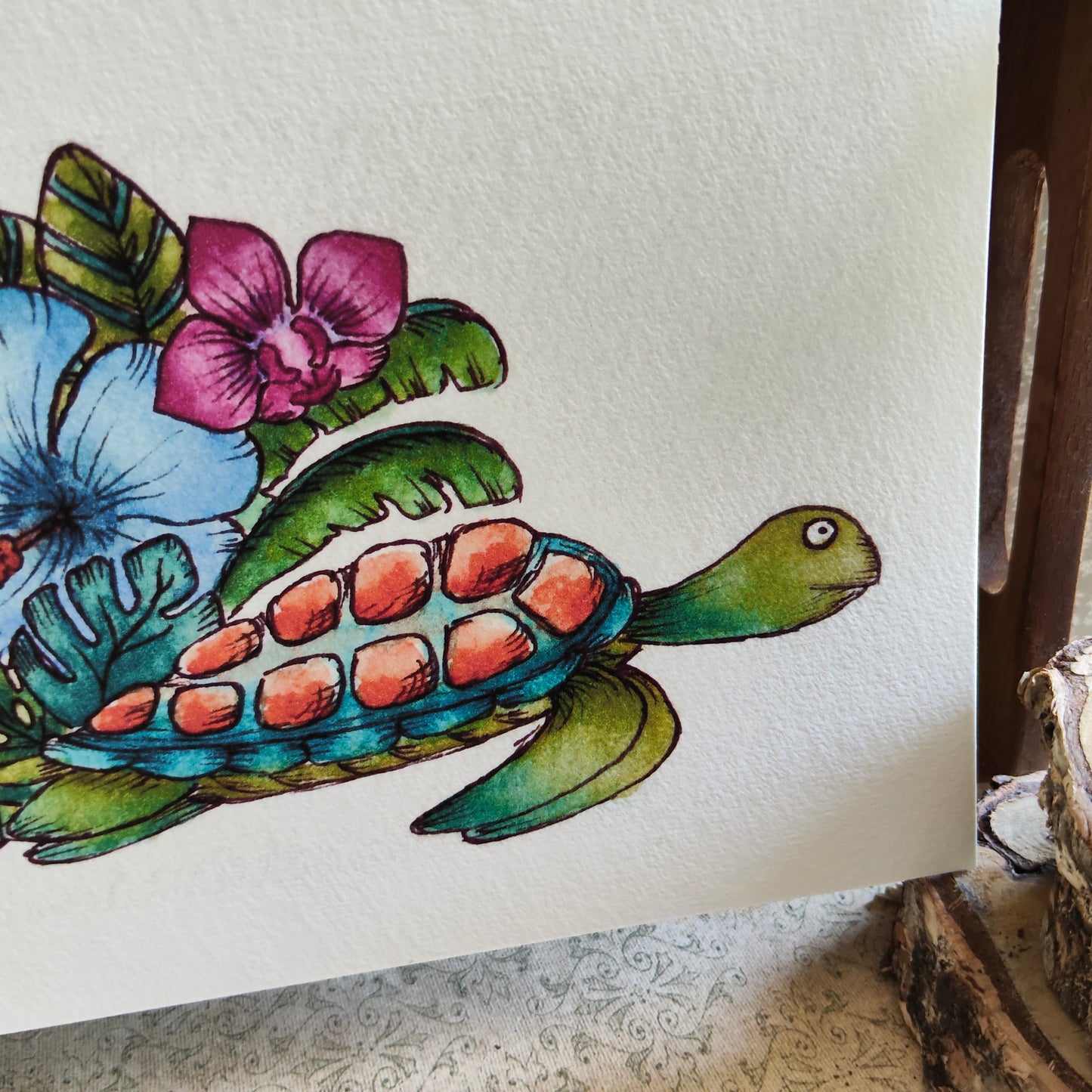 Affiche Aquarelle "Tortue Marine Fleurie Orchidée Monstera" - Illustration Fantaisie et Nature