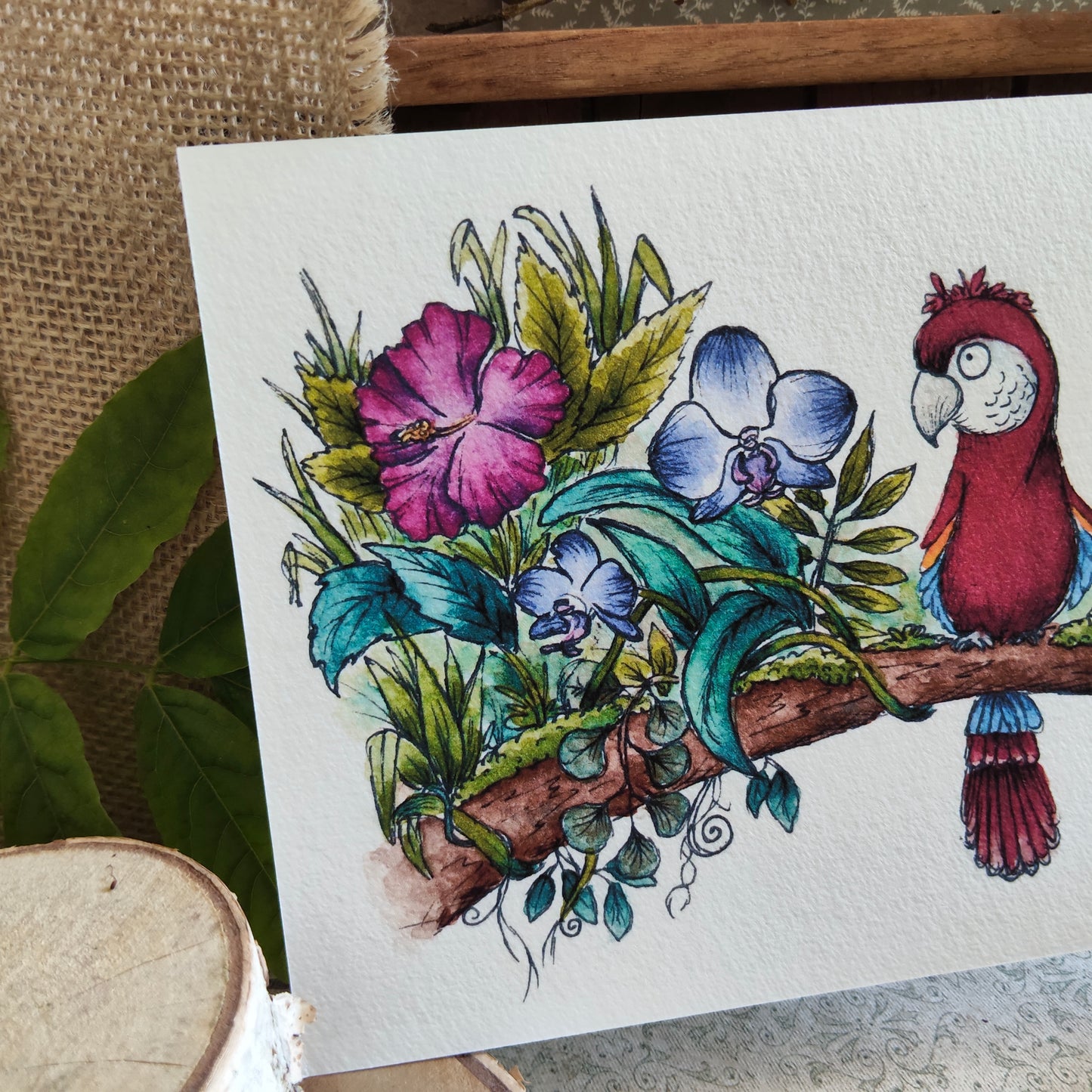 Affiche A5 Oiseau Tropical Perroquet Ara – Illustration Colorée à l’Aquarelle, Nature Exotique
