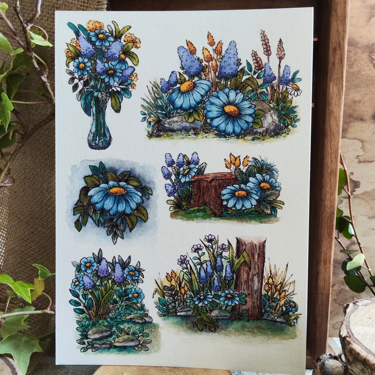 Affiche A5 Fleurs des Bois – Illustration Aquarelle, Fleurs Bleues et Violettes, Douceur Nature