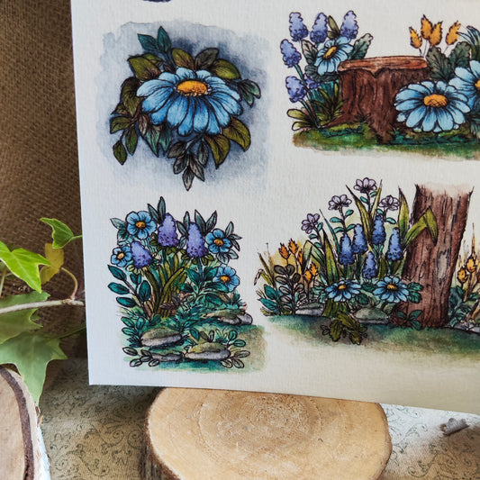 Affiche A5 Fleurs des Bois – Illustration Aquarelle, Fleurs Bleues et Violettes, Douceur Nature
