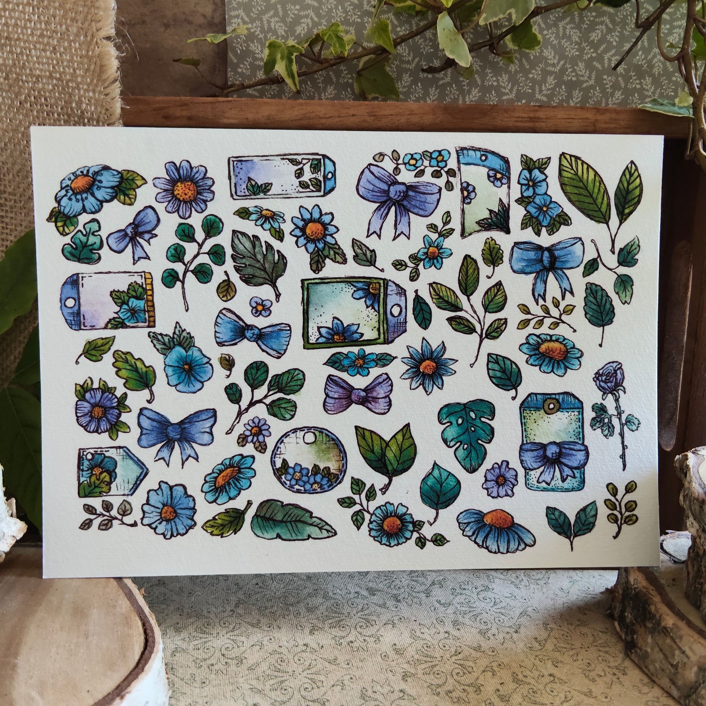 Affiche A5 Nœud Feuilles et Fleurs Bleues – Illustration Aquarelle Nature et Légèreté