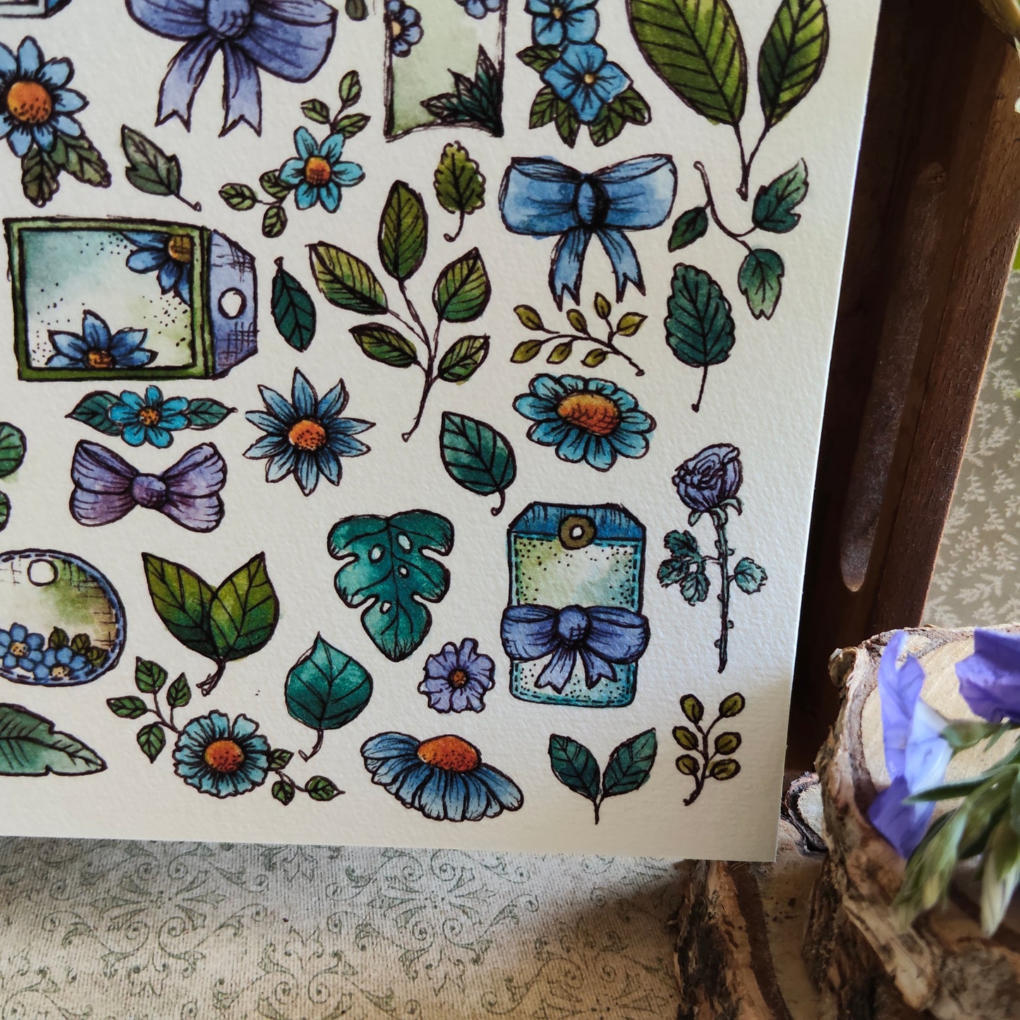 Affiche A5 Nœud Feuilles et Fleurs Bleues – Illustration Aquarelle Nature et Légèreté