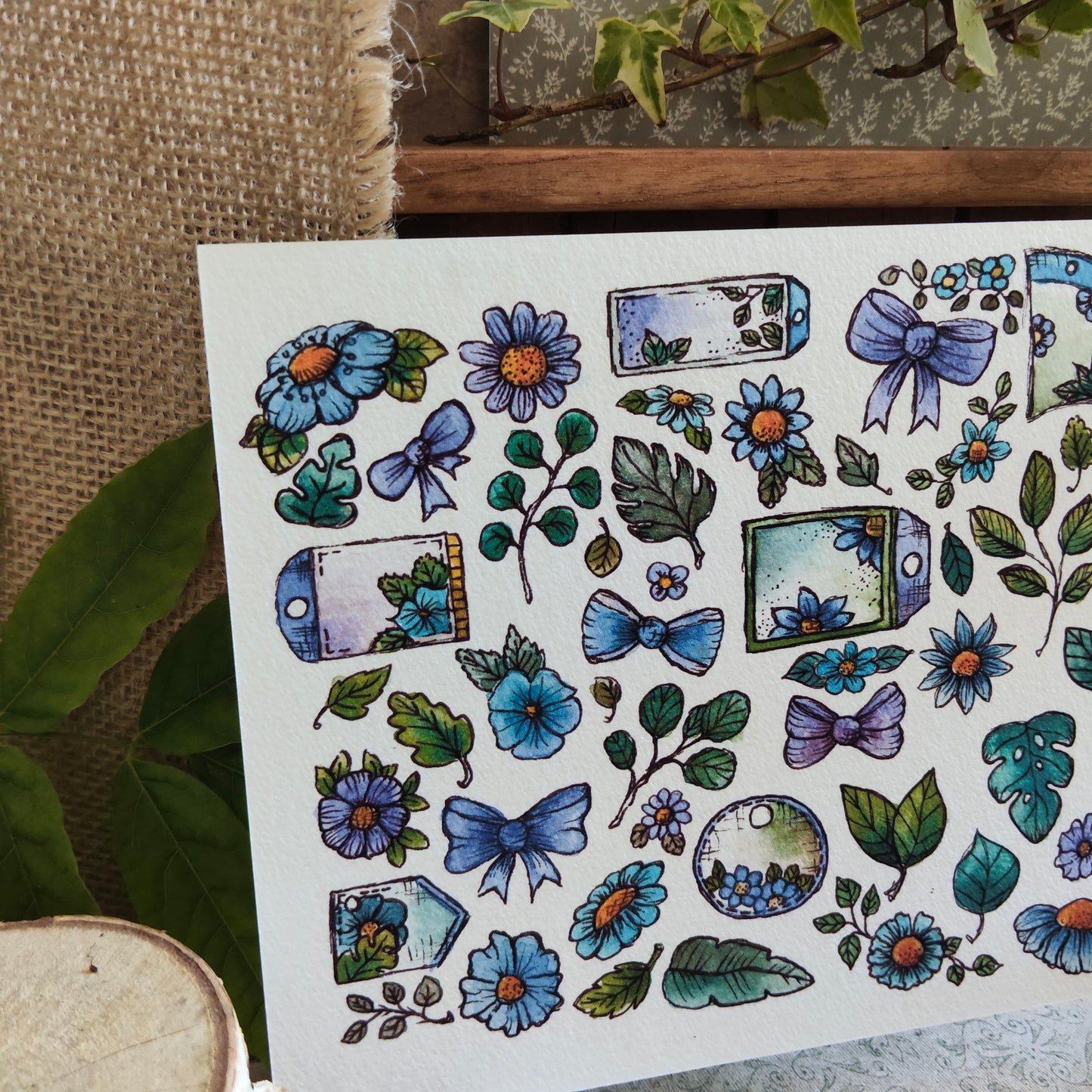 Affiche A5 Nœud Feuilles et Fleurs Bleues – Illustration Aquarelle Nature et Légèreté