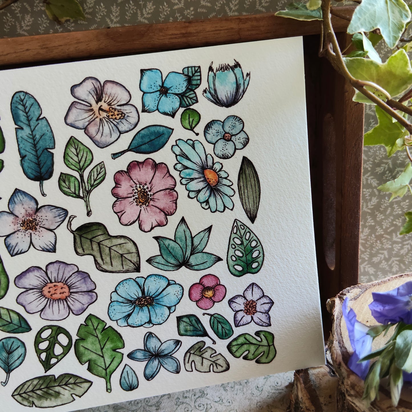 Affiche Aquarelle "Petits Feuillages et Fleurs" - Illustration Nature Ornementale