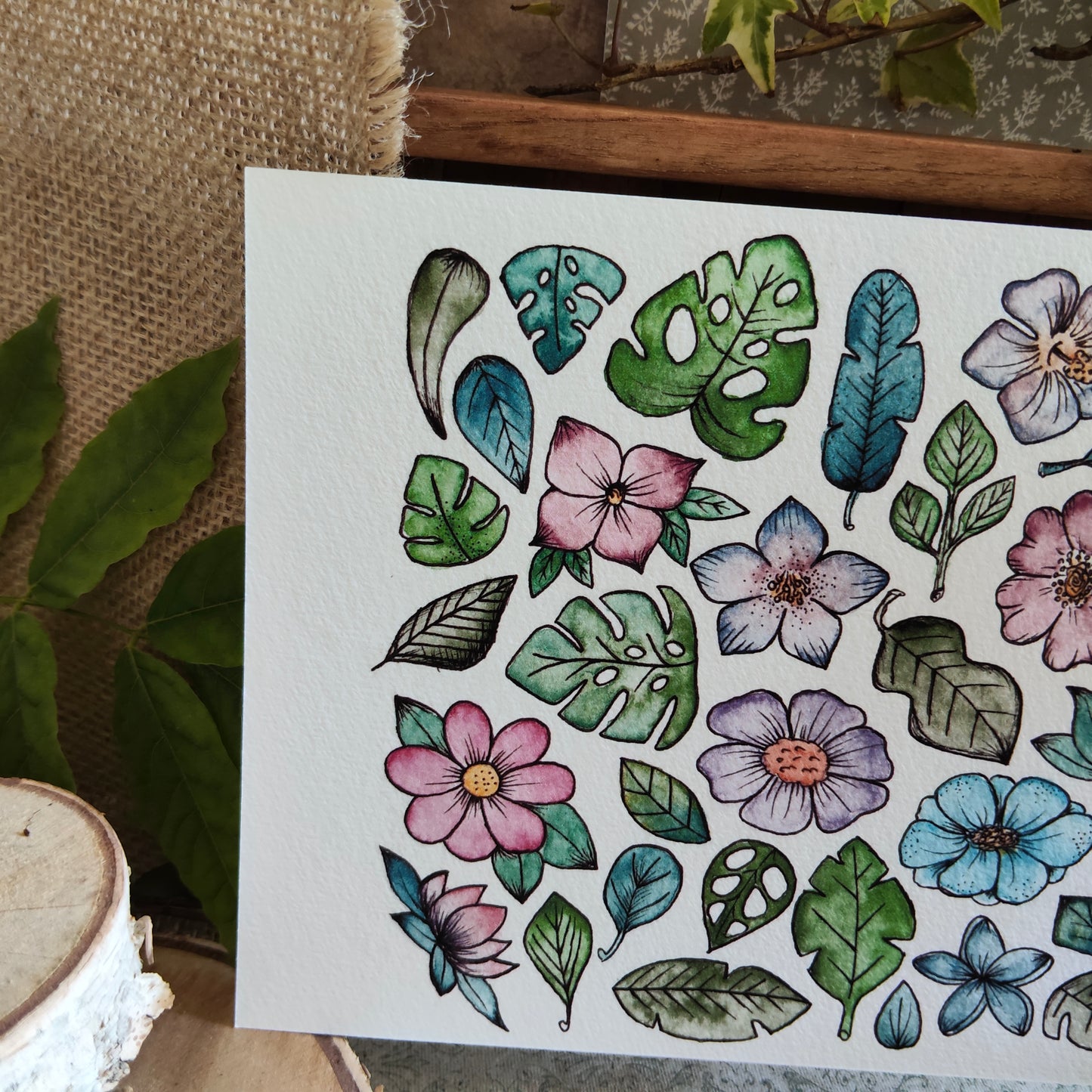 Affiche Aquarelle "Petits Feuillages et Fleurs" - Illustration Nature Ornementale