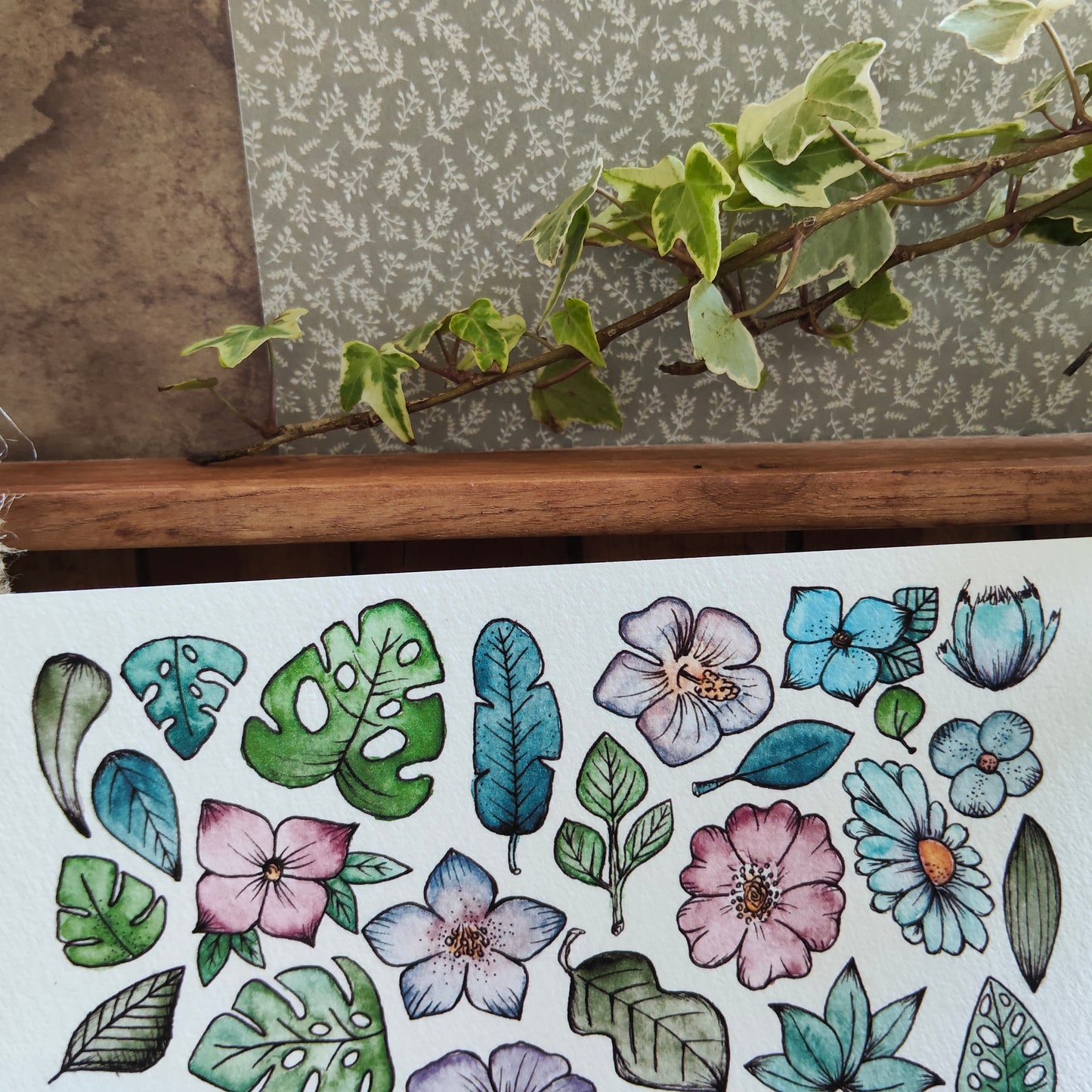 Affiche Aquarelle "Petits Feuillages et Fleurs" - Illustration Nature Ornementale