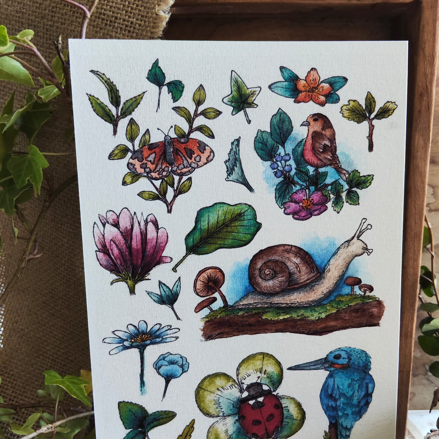 Affiche A5 – Petite vie au jardin – Illustration animaux et fleurs