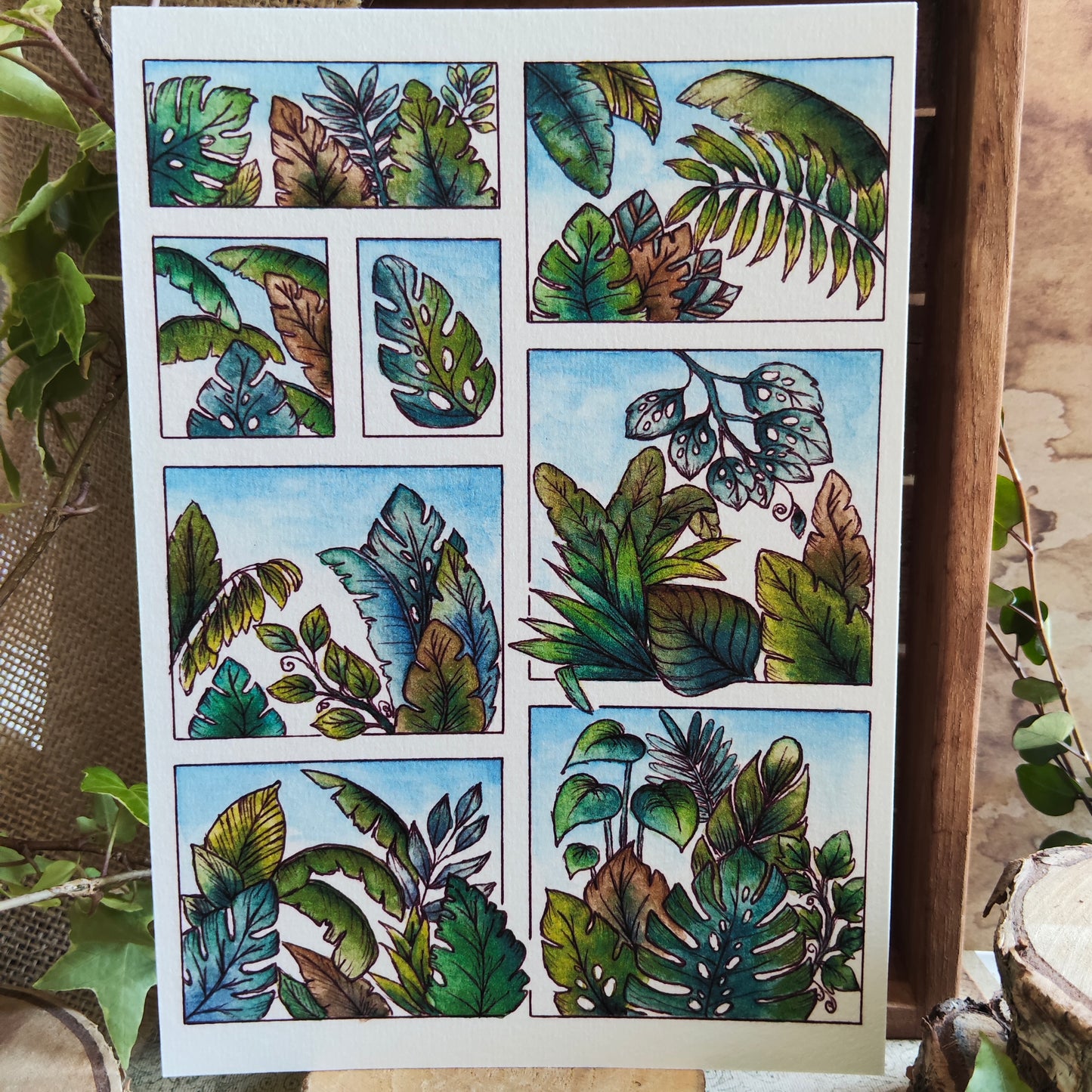 Affiche A5 Feuillages Tropicaux – Illustration Nature Verte, Jungle Douce, Impression Aquarelle