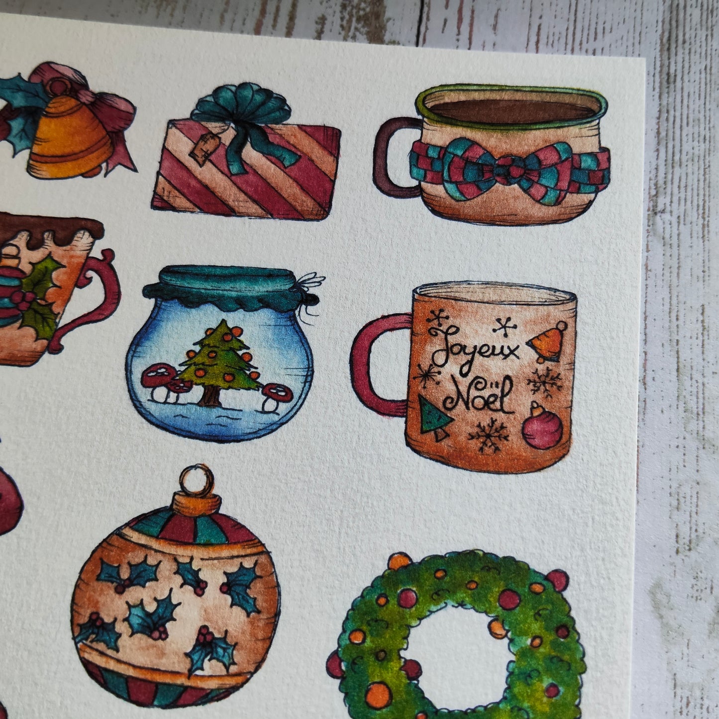 Affiche A5 Motifs de Noël Mug Champignon Ornement Sapin Houx