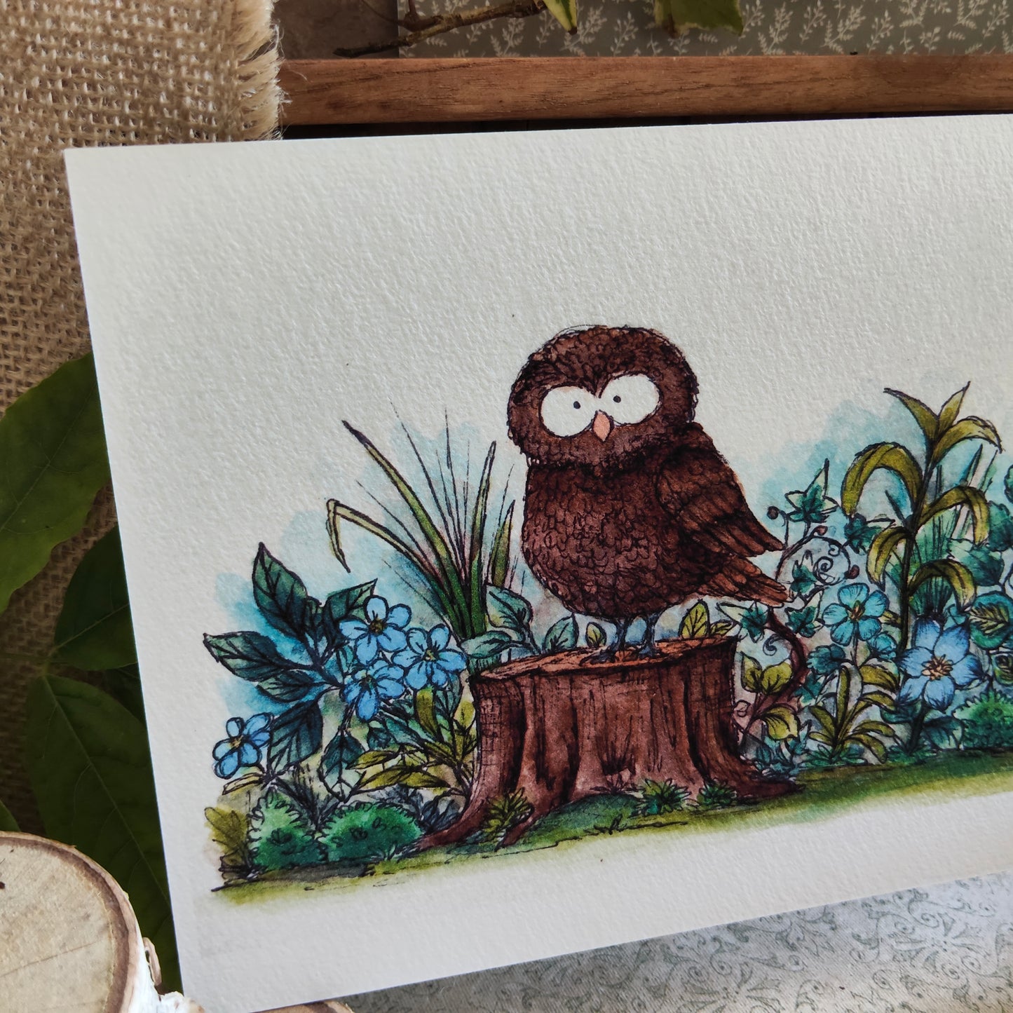 Affiche Aquarelle "Chouette sur Souche" - Illustration Animalière Magique