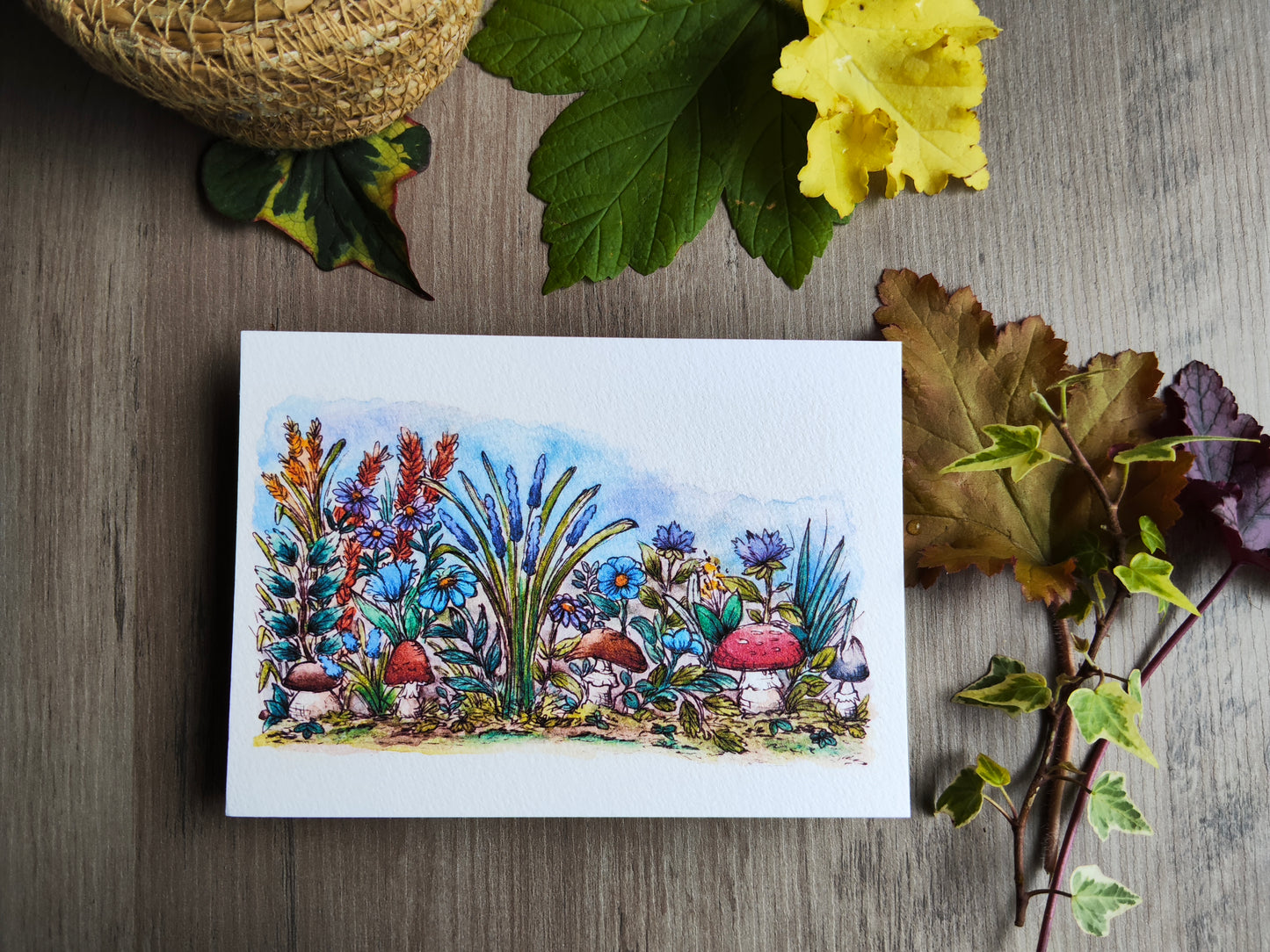 Carte A6 - Illustration aquarelle champignons et fleurs sauvages - Nature enchantée