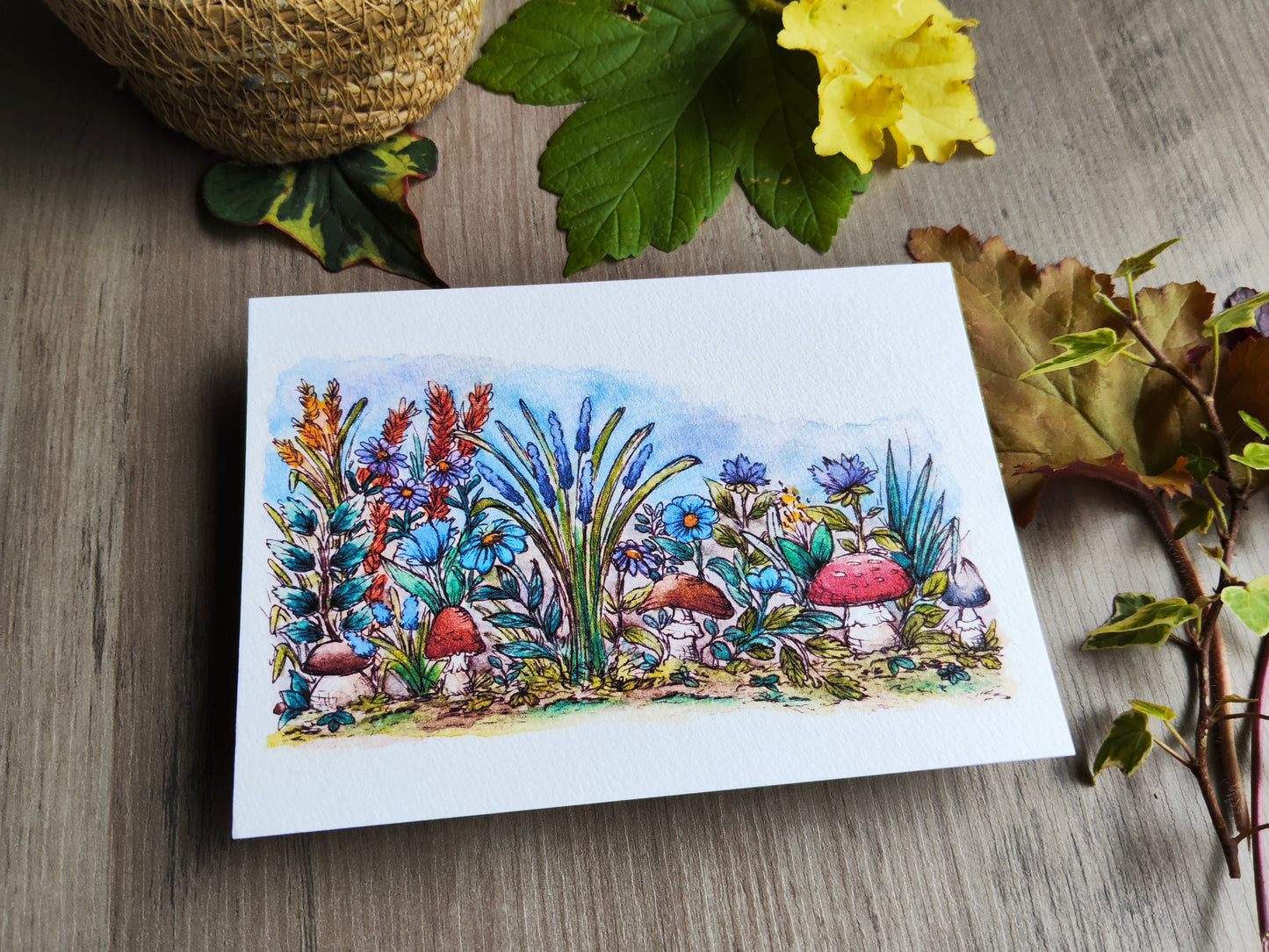 Carte A6 - Illustration aquarelle champignons et fleurs sauvages - Nature enchantée