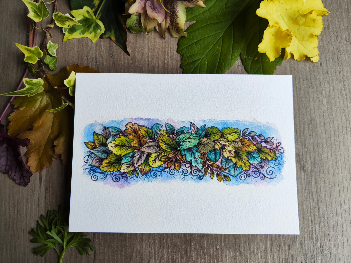 Carte illustrée – Feuillage poétique & cadre nature – Aquarelle verdoyante – Format A6