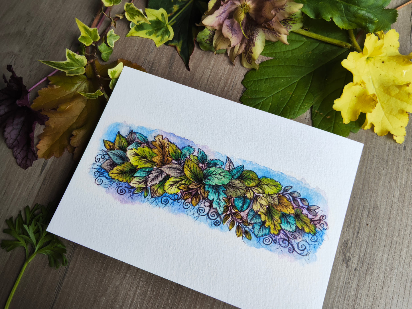 Carte illustrée – Feuillage poétique & cadre nature – Aquarelle verdoyante – Format A6