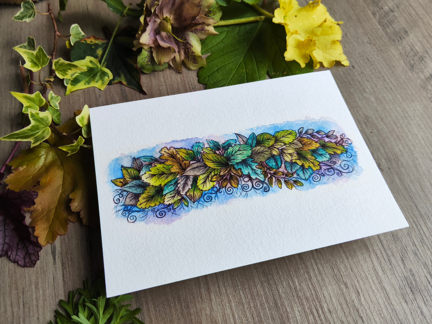 Carte illustrée – Feuillage poétique & cadre nature – Aquarelle verdoyante – Format A6