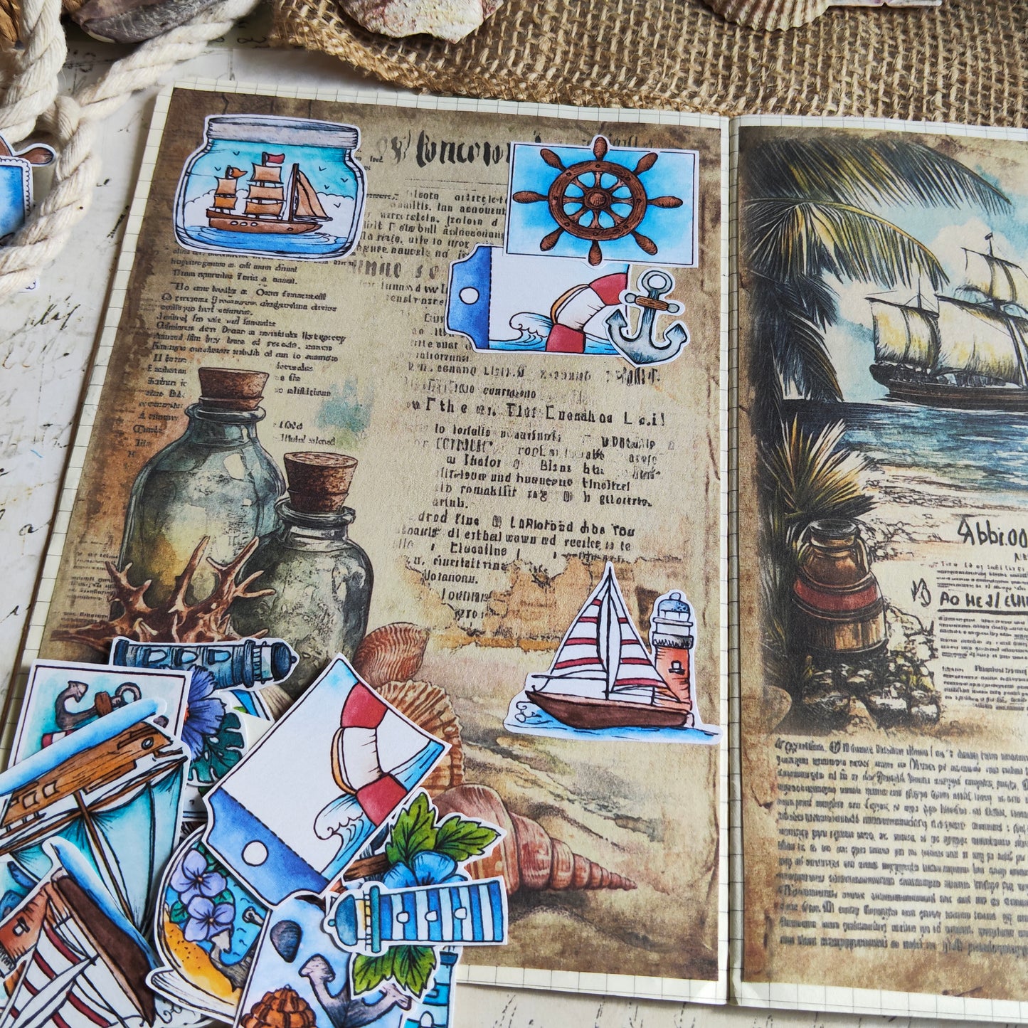 Stickers bord de mer – Lot de 40 autocollants marins à l’aquarelle - Thème océan, phares et bateaux