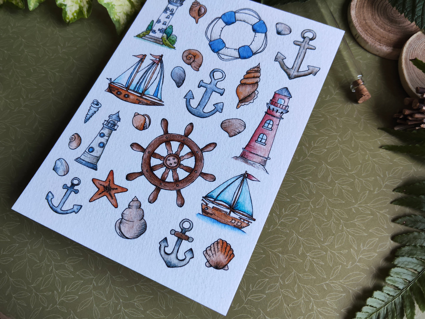 Carte Aquarelle Marin Bord de Mer Vintage