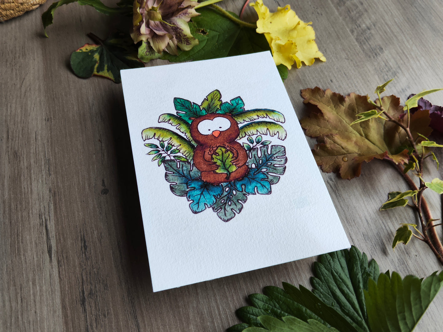 Carte illustrée – Hibou tropical & feuille Monstera – Aquarelle mignonne – Format A6