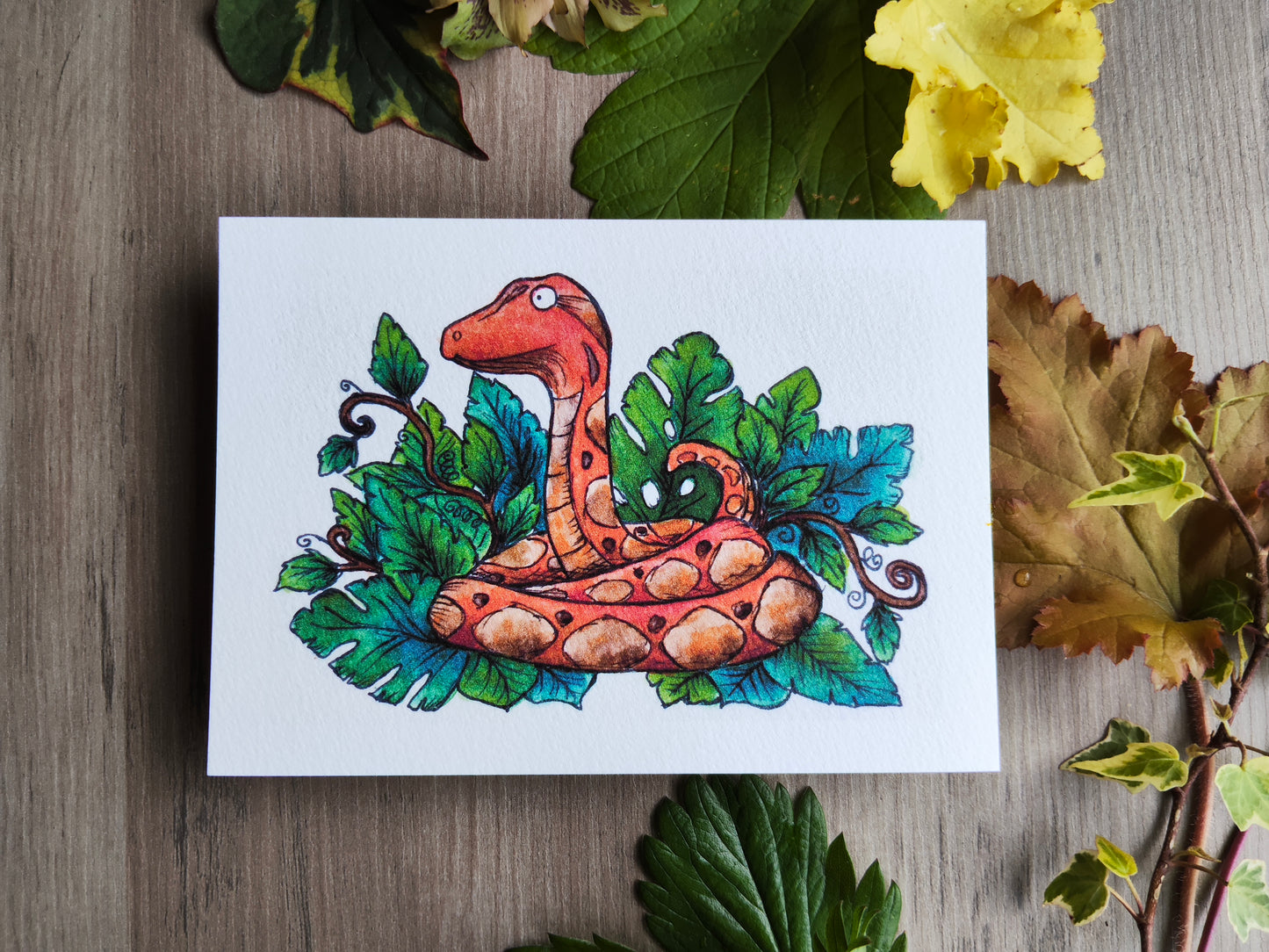 Carte A6 "Python feuillu" – Illustration à l’aquarelle, serpent totem et nature
