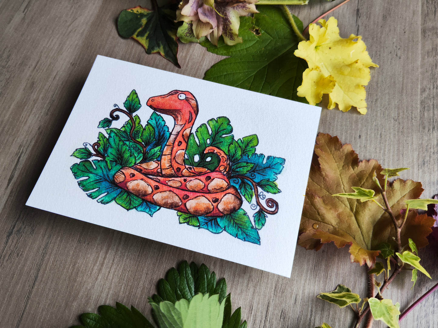Carte A6 "Python feuillu" – Illustration à l’aquarelle, serpent totem et nature