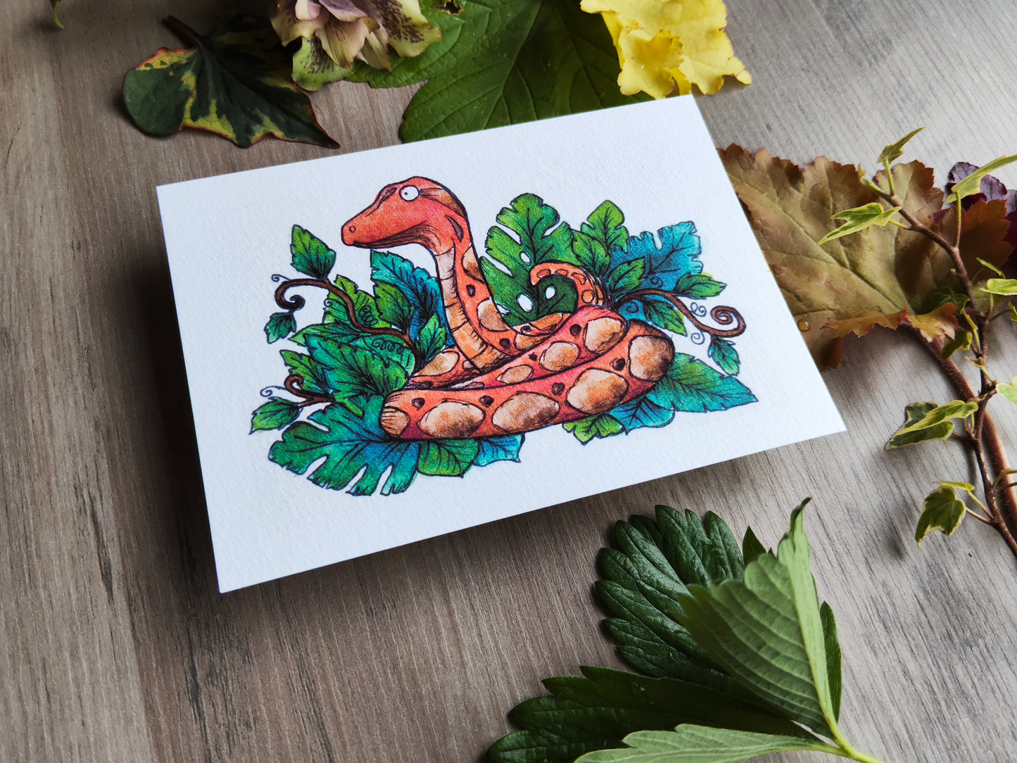 Carte A6 "Python feuillu" – Illustration à l’aquarelle, serpent totem et nature