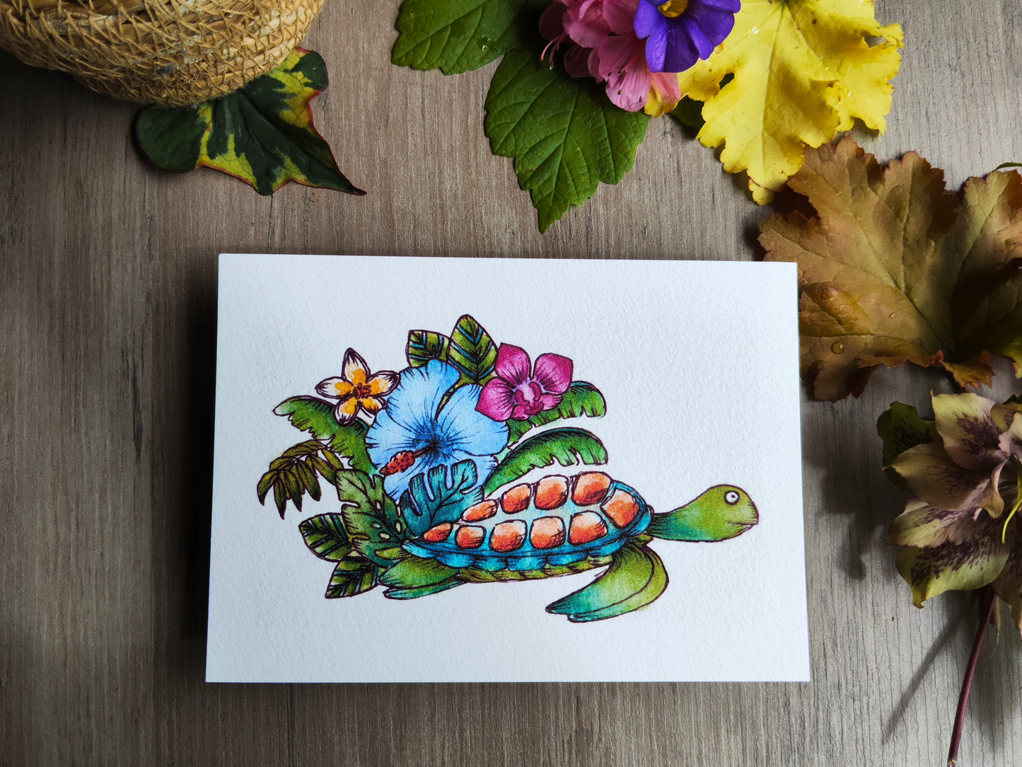 Illustration été – Tortue marine et feuillage tropical à l’aquarelle – Format A6