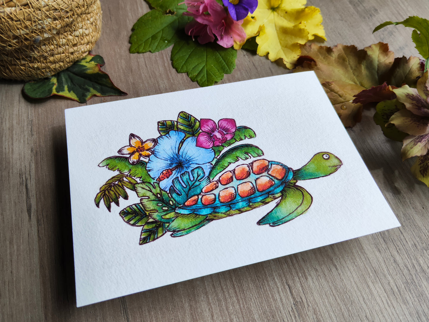 Illustration été – Tortue marine et feuillage tropical à l’aquarelle – Format A6