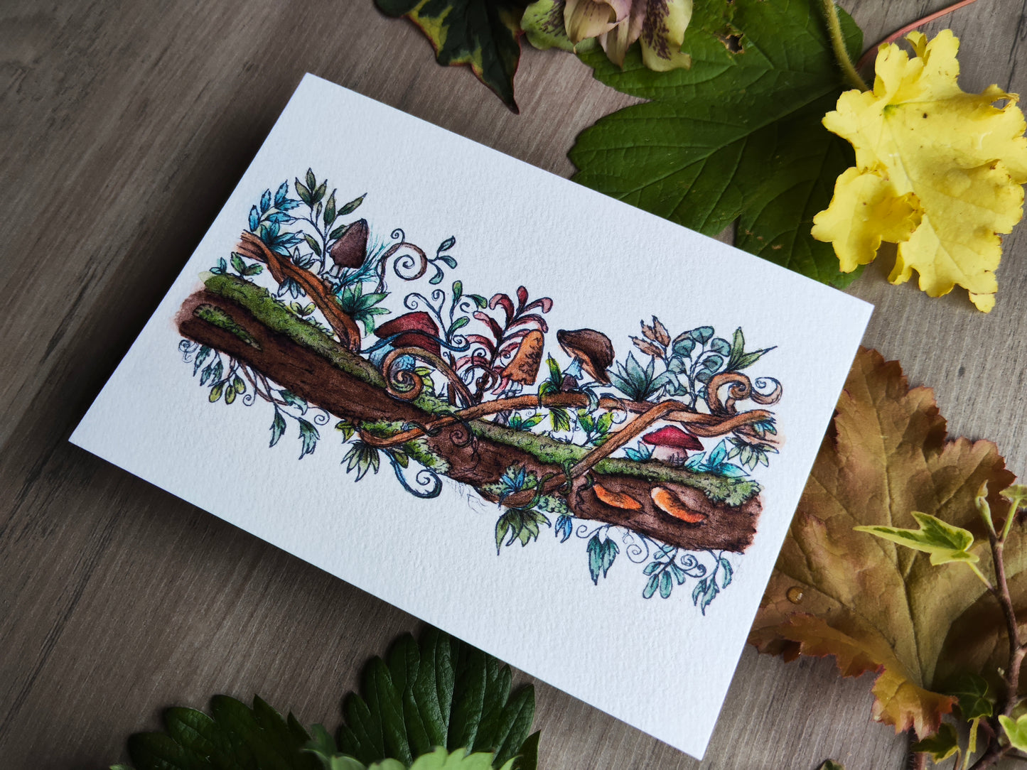 Carte A6 champêtre illustrée – Branche fleurie avec champignons, aquarelle imprimée d’une illustration magique et botanique, carte nature