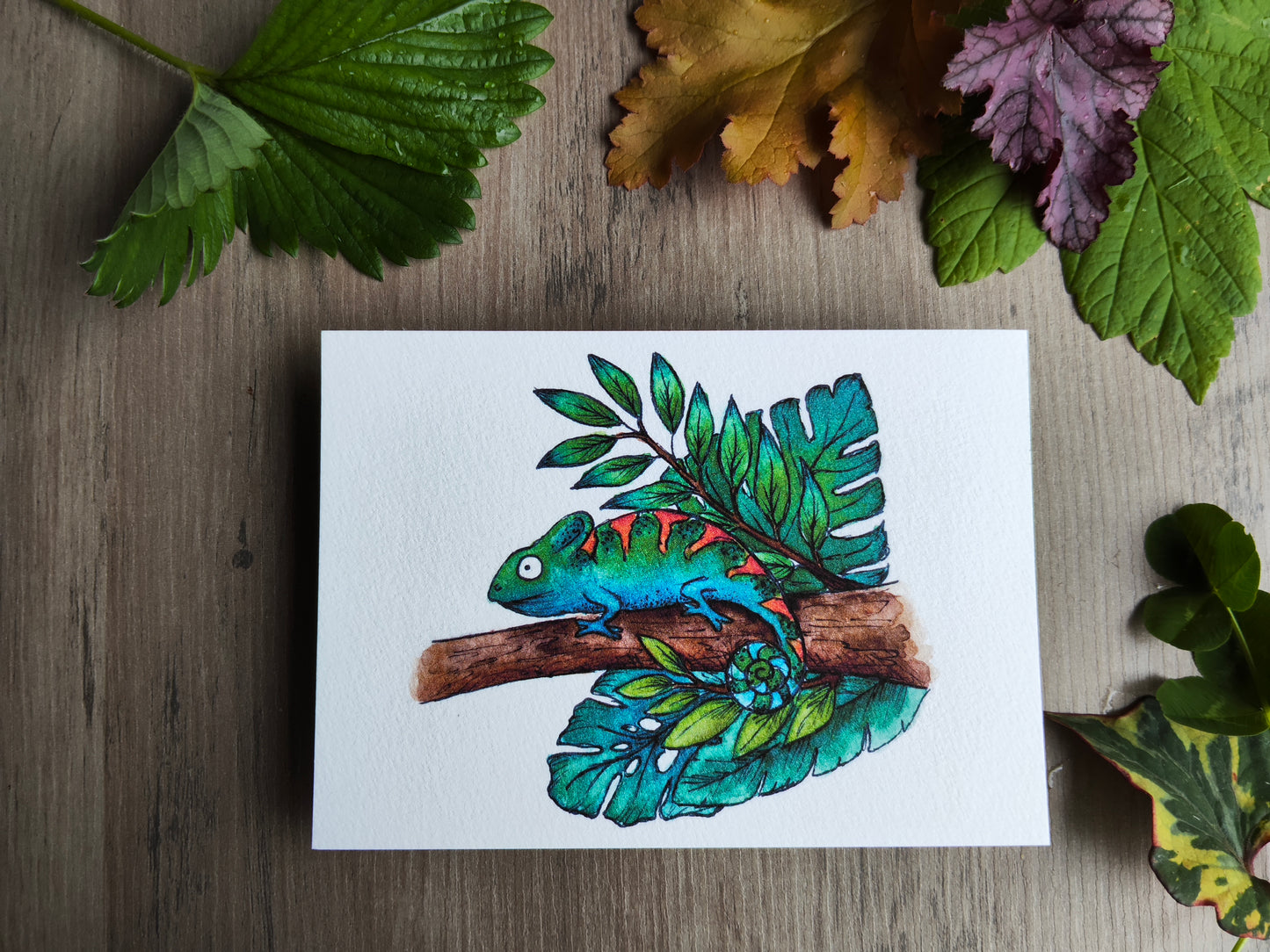 Carte A6 caméléon tropical – Illustration aquarelle animal exotique et feuillage monstera
