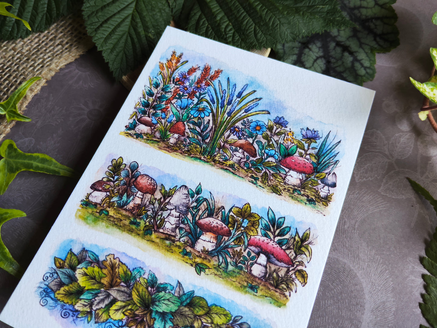 Carte Champignon et bordure de fleurs – Conte Mignon en Aquarelle