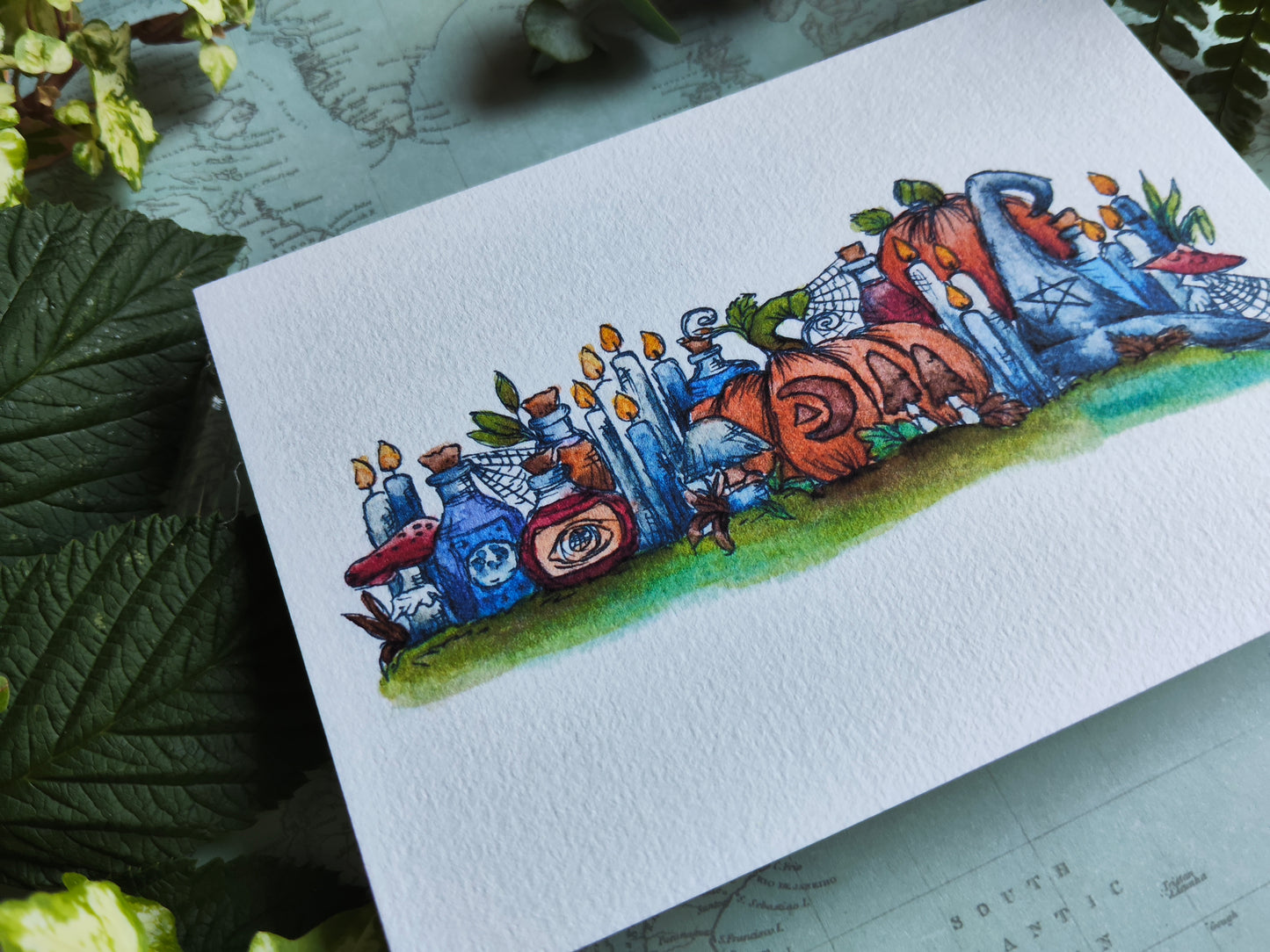 Carte Fioles et des Citrouilles – Scène Illustrée d’Automne Sorcière