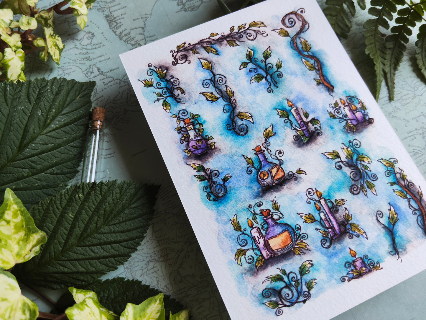 Carte Bougie Violette – Arabesque Feuillage Fiole Magique