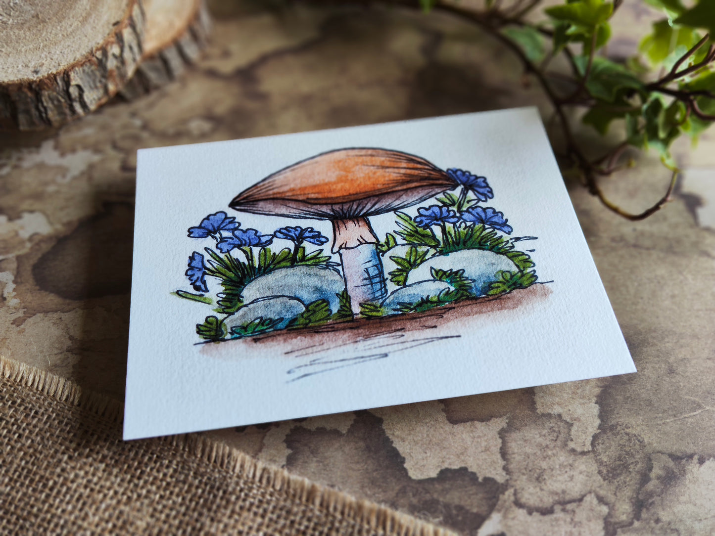 Carte Champignon et fleurs bleu – Illustration nature
