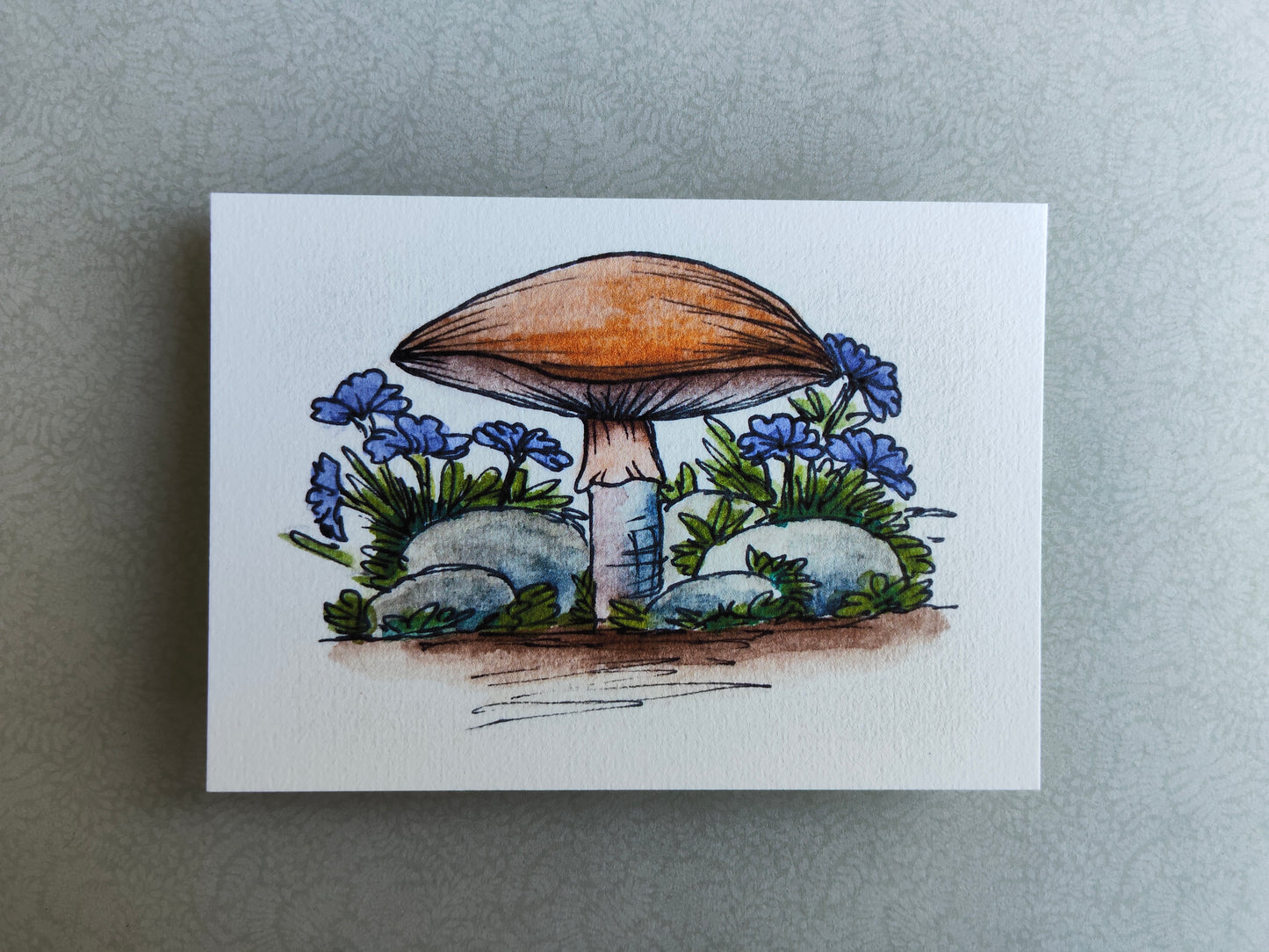 Carte Champignon et fleurs bleu – Illustration nature