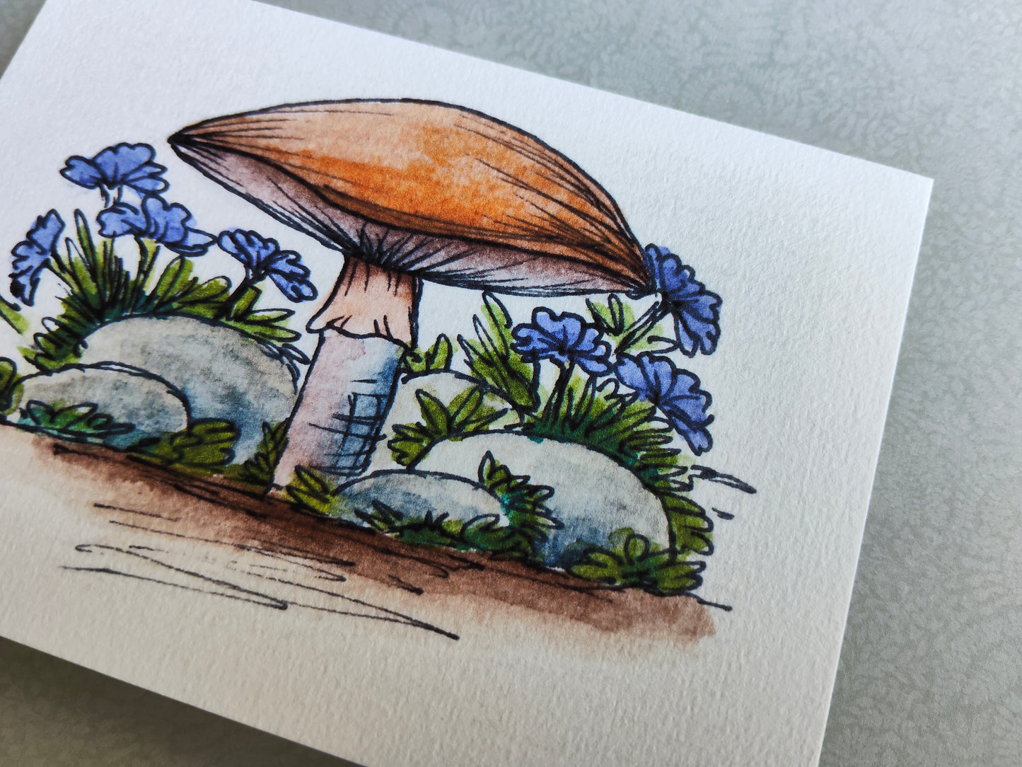Carte Champignon et fleurs bleu – Illustration nature