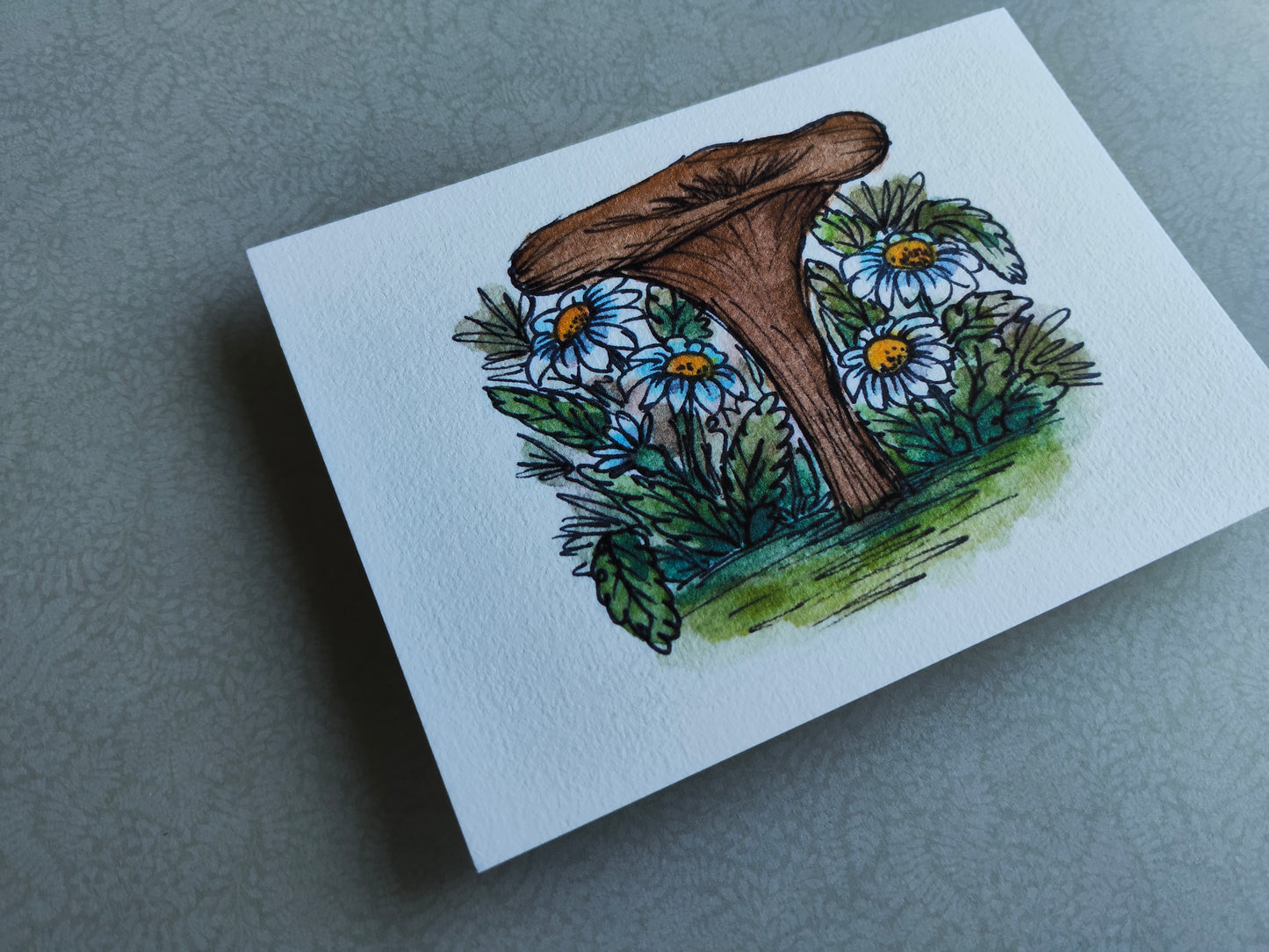 Carte Champignon Fleurs Marguerite – Illustration Jardin à l’aquarelle
