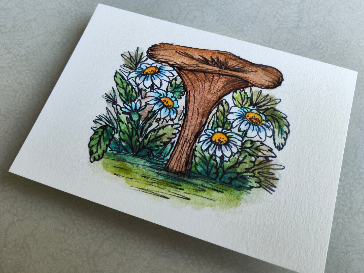 Carte Champignon Fleurs Marguerite – Illustration Jardin à l’aquarelle