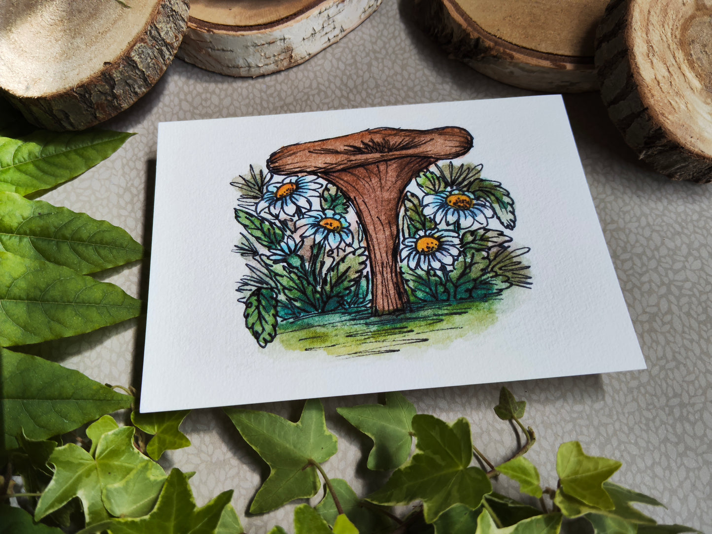 Carte Champignon Fleurs Marguerite – Illustration Jardin à l’aquarelle