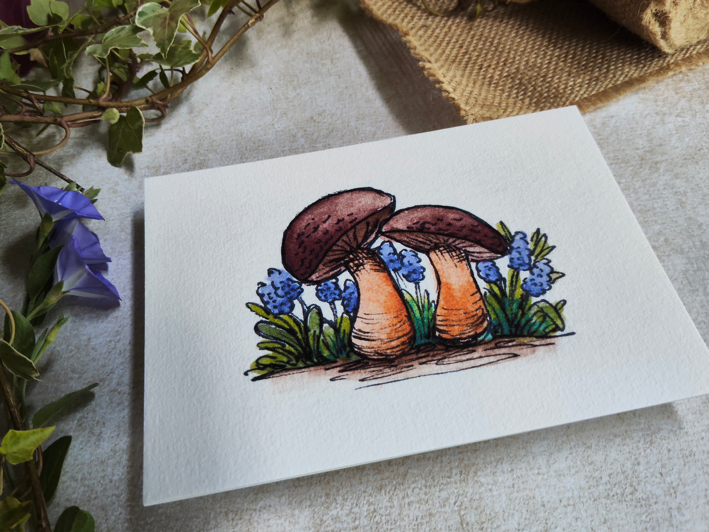 Carte Deux champignons dans les fleurs bleues – Illustration aquarelle