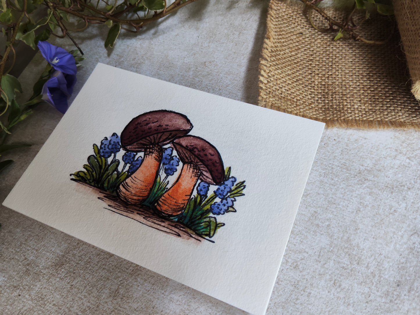 Carte Deux champignons dans les fleurs bleues – Illustration aquarelle