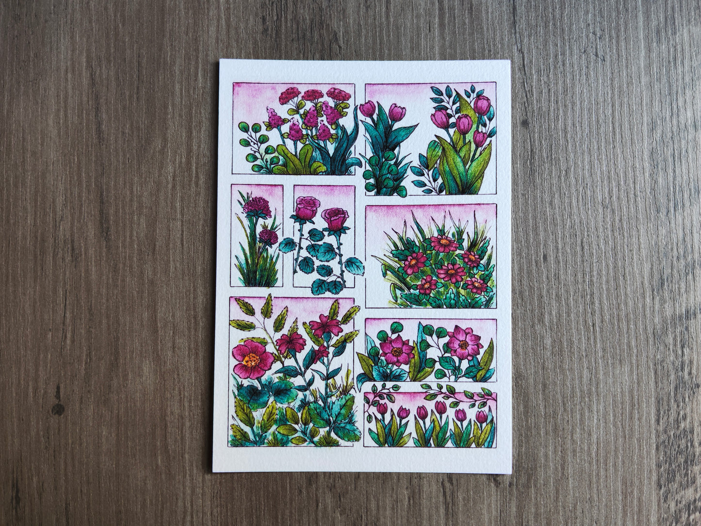 Carte illustrée A6 – Fleurs roses à l’aquarelle – Impression fine sur papier 300g