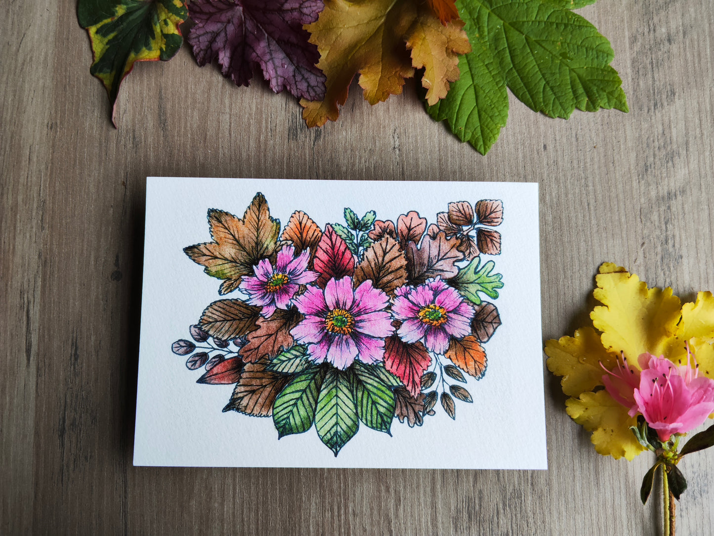 Carte A6 - Fleurs rose & feuillage - Impression aquarelle botanique Anémone du Japon