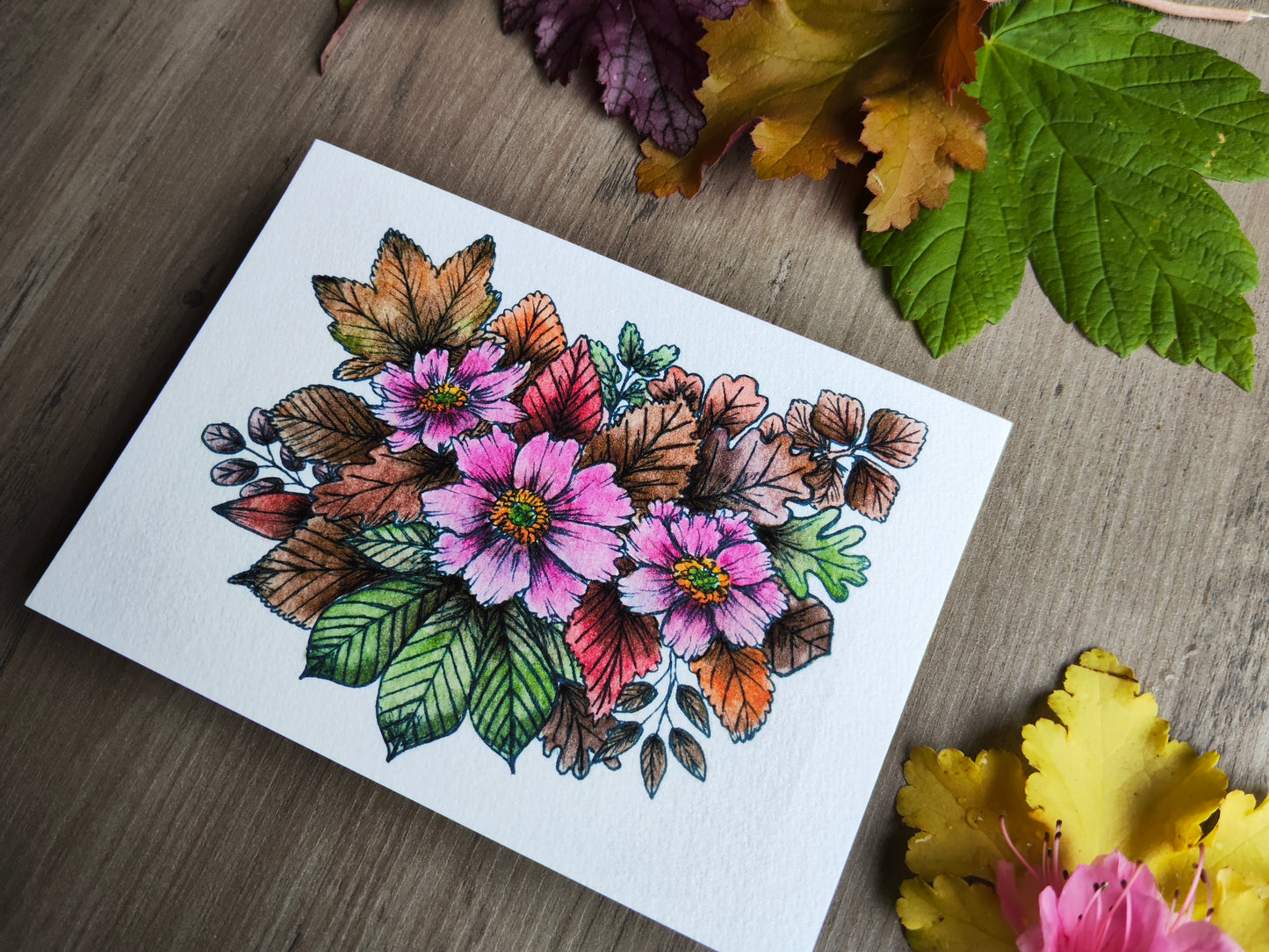Carte A6 - Fleurs rose & feuillage - Impression aquarelle botanique Anémone du Japon