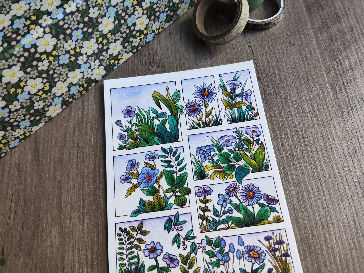 Carte fleurie A6 – Fleurs bleues à l’aquarelle – Art botanique imprimé sur papier 300g