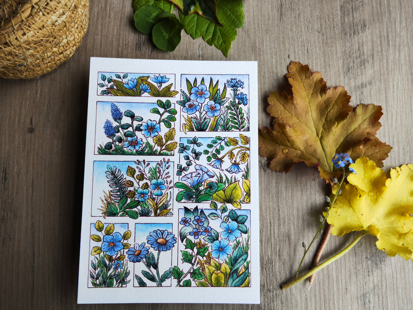 Carte fleurie A6 – Fleurs bleues à l’aquarelle – Art botanique imprimé sur papier 300g